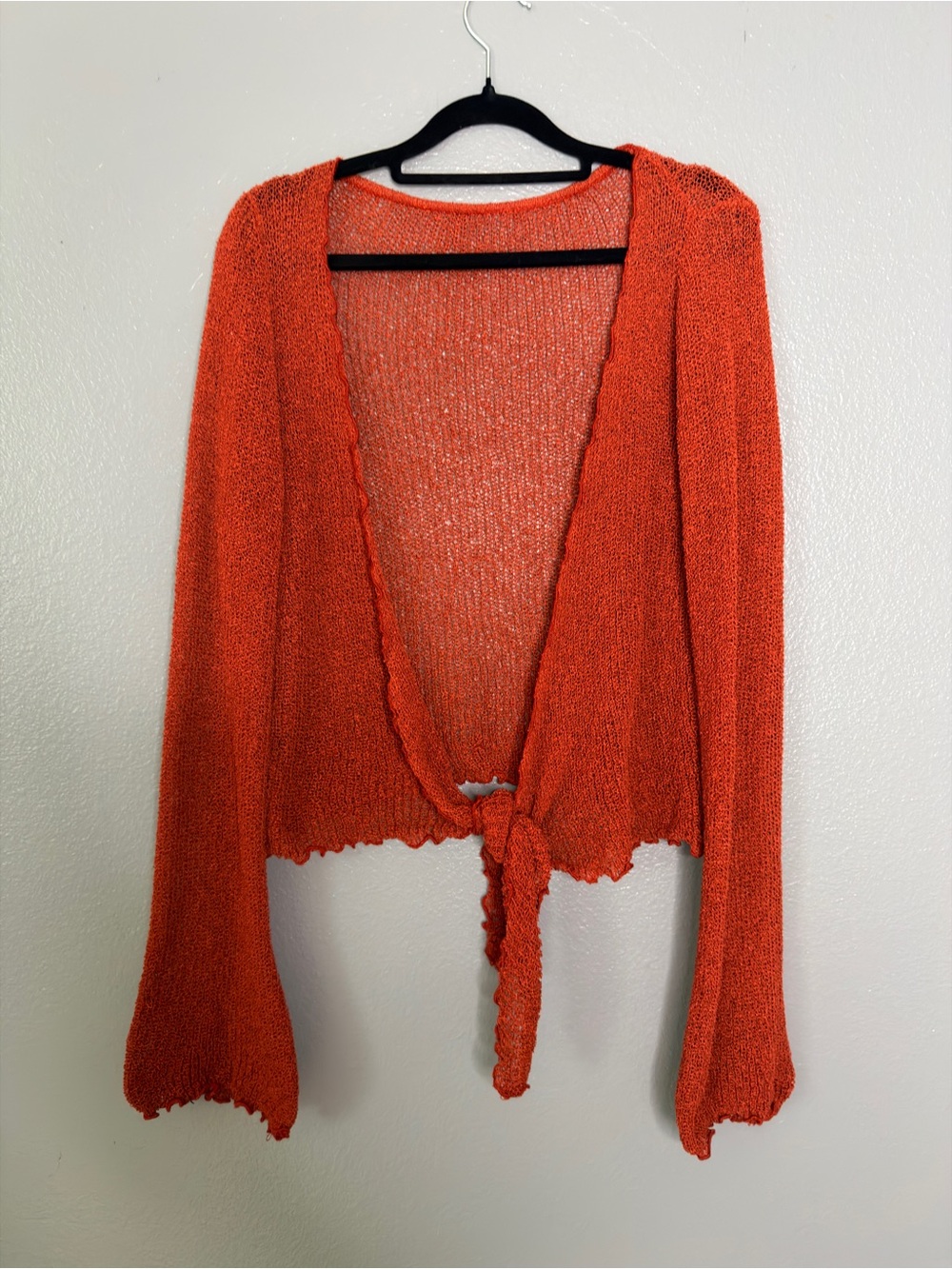 Lightweight Sheer Knit Tie Front Shrug Burnt Orange y2k Bell Sleeve Cardigan XL
